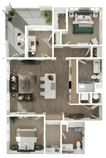 Floor plan for 2 beds, 2 baths, 1172 sqft